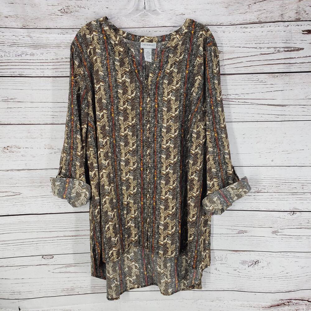 Catherines Brown Printed Roll Tab Sleeve Top Shirt Size 2X